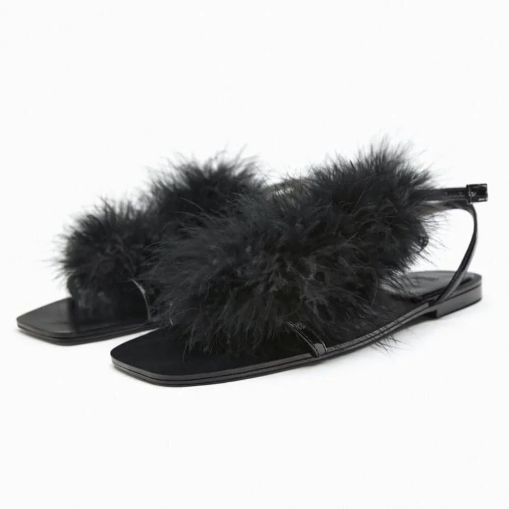 NWT Zara black feather accented flat strap up sandals, EU 36 - Picture 5 of 14